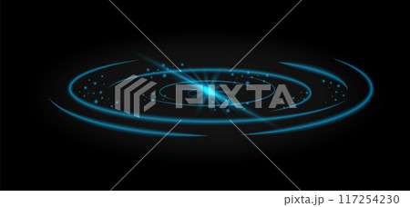 Neon glowing blue circles, stars in center and lines around. Shining light space portal. Fantasy space border. Abstract fantastic background. Neon glowing blue circles, stars in center and lines around. Shining light space portal. Fantasy space border. Abstract fantastic background. 117254230