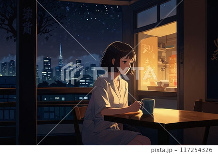 夜にカフェタイムする女性 117254326