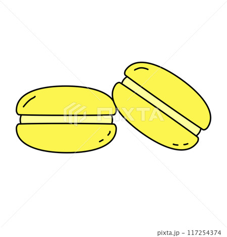 Yellow Macaron dessert or cookie filled with buttercream, doodle style vector illustration Yellow Macaron dessert or cookie filled with buttercream, doodle style vector illustration 117254374