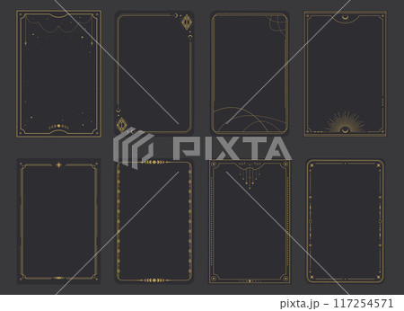 Esoteric magical Tarot cards templates. Frame border with celestial elements, crescents, stars. Mystery, astrology, alchemy. Vector illustration 117254571
