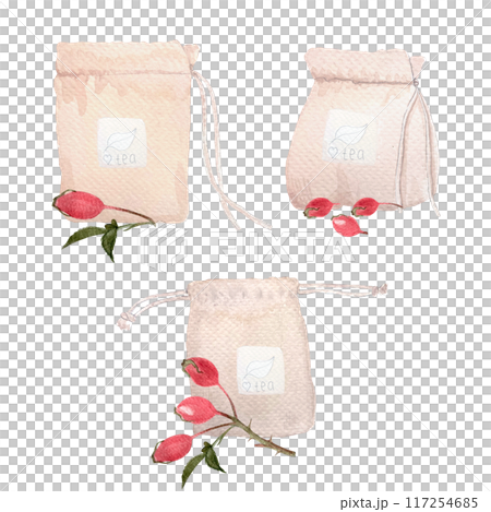 Rose hip reusable hand made tea bags watercolor set isolated on white. High quality hand drawn art. Wild herb great for cards, packages, tea, infusions, herbal medicine recipes, stickers, tape 117254685