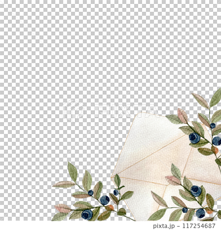 Blueberry twigs with leaves and an open envelope watercolor corner frame isolated on white. Hand painted illustration great for cards, stickers, packages, herbal production, notebooks decor and design Blueberry twigs with leaves and an open envelope watercolor corner frame isolated on white. Hand painted illustration great for cards, stickers, packages, herbal production, notebooks decor and design 117254687