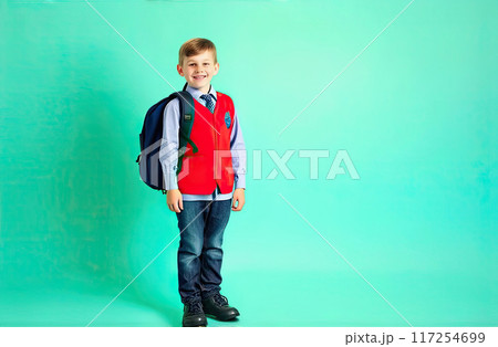 Full length body Little Boy Schoolboy With Backpack Smiling On aqua color Background Banner, Space For Text, back to school Full length body Little Boy Schoolboy With Backpack Smiling On aqua color Background Banner, Space For Text, back to school 117254699