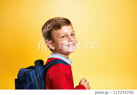 Little Boy Schoolboy With Backpack Smiling On orange Background Banner, Space For Text, copy space, back to school Little Boy Schoolboy With Backpack Smiling On orange Background Banner, Space For Text, copy space, back to school 117254700