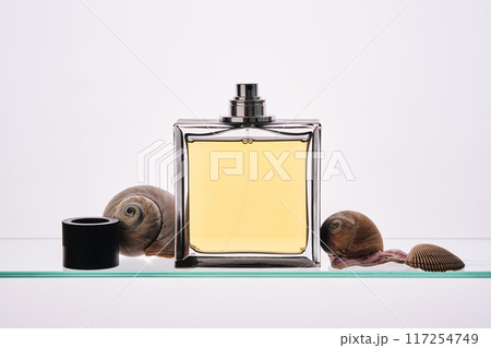 A bottle of perfume in yellow on a glass shelf with seashells in a marine style. A bottle of perfume in yellow on a glass shelf with seashells in a marine style. 117254749