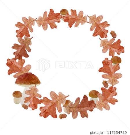 An oak leaf with an acorn and white mushrooms hand painted watercolor frame isolated on white. High quality drawing with wild forest plant in simple style for woodland designs, cards, textile packages 117254780