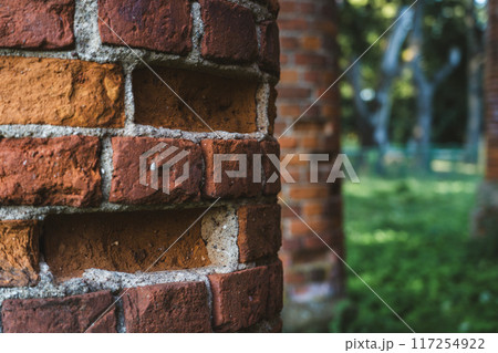 Old, ruined red brick columns. The entrance to the old, ruined stable Old, ruined red brick columns. The entrance to the old, ruined stable 117254922