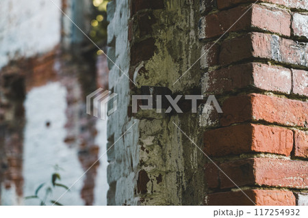 An old brick wall with a piece of iron sticking out of it 117254932