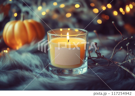 Candle in glass with a blank label, on table with Halloween decor. Styled photo product mockup 117254942