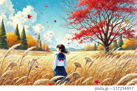 昭和の女子高生と秋の風景 117254957