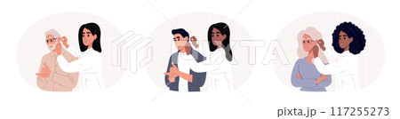 World Day Deaf. Female doctor fitting hearing aid into patient's ear while consultation in clinic. Vector illustration. World Day Deaf. Female doctor fitting hearing aid into patient's ear while consultation in clinic. Vector illustration. 117255273