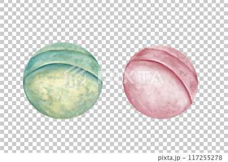 Green and pink bath bomb. Hygiene natural fizz product with salt. Spa collection for relaxation, hygiene, care. Watercolor illustration. Clip art for design of shops, spa, packaging Green and pink bath bomb. Hygiene natural fizz product with salt. Spa collection for relaxation, hygiene, care. Watercolor illustration. Clip art for design of shops, spa, packaging 117255278