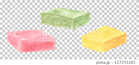 Craft Soap bars. Homemade pink, yellow and green scented soaps. Hygiene natural product. Fragrant bath soap for skin care. Watercolor illustration. Clip art for design of shops, spa decor, packaging 117255281
