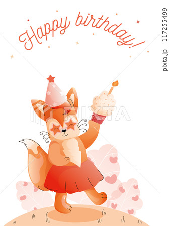 Childrens cute greeting card. A playful fox in a festive hat holds a cupcake, against a background of hearts and stars. 117255499