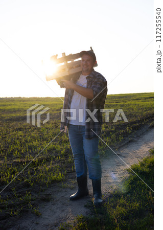 A cute smiling farmer carries a box of potatoes along the edge of the field against the background of the sunset. Copy space. A happy farmer has finished harvesting and is smiling at sunset. 117255540