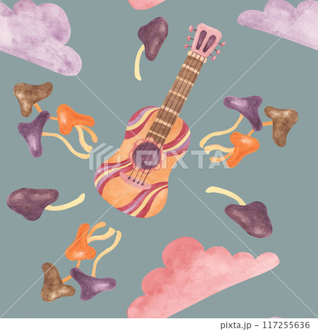 Seamless pattern with retro guitar, tape, clouds and mushrooms in watercolor. Vintage hippie music textile ornament clipart. Hand drawn nostalgic print for clothing, wallpaper, wrapping, scrapbooking Seamless pattern with retro guitar, tape, clouds and mushrooms in watercolor. Vintage hippie music textile ornament clipart. Hand drawn nostalgic print for clothing, wallpaper, wrapping, scrapbooking 117255636