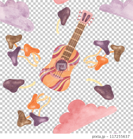 Seamless pattern with retro guitar, tape, clouds and mushrooms in watercolor. Vintage hippie music textile ornament clipart. Hand drawn nostalgic print for clothing, wallpaper, wrapping, scrapbooking Seamless pattern with retro guitar, tape, clouds and mushrooms in watercolor. Vintage hippie music textile ornament clipart. Hand drawn nostalgic print for clothing, wallpaper, wrapping, scrapbooking 117255637