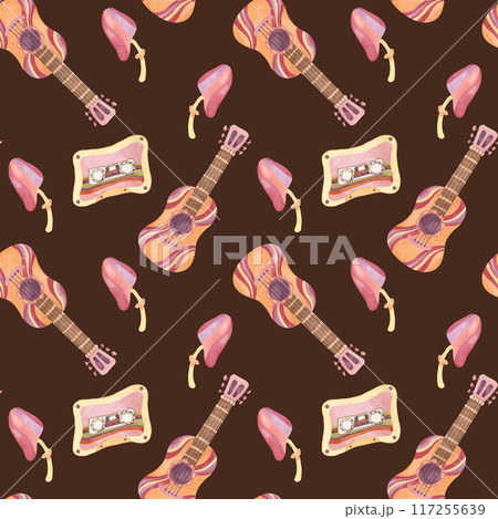 Seamless pattern with retro guitar, tape and mushrooms in watercolor. Vintage hippie music textile ornament clipart. Hand drawn nostalgic print for clothing, wallpaper, wrapping, scrapbooking Seamless pattern with retro guitar, tape and mushrooms in watercolor. Vintage hippie music textile ornament clipart. Hand drawn nostalgic print for clothing, wallpaper, wrapping, scrapbooking 117255639