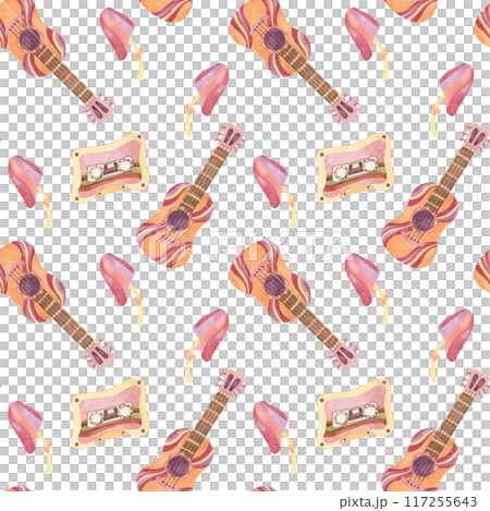 Seamless pattern with retro guitar, tape and mushrooms in watercolor. Vintage hippie music textile ornament clipart. Hand drawn nostalgic print for clothing, wallpaper, wrapping, scrapbooking 117255643