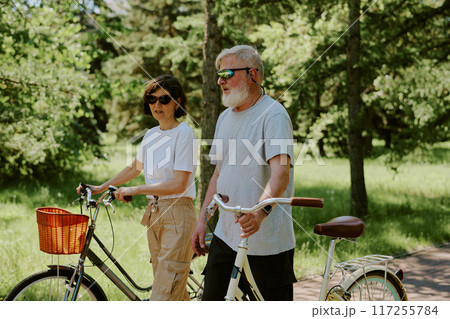Senior couple having bike walk in park during retirement 117255784