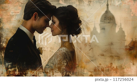 A wedding collage with romantic photos and elegant 117256024