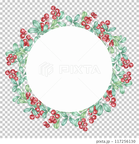 Red berries watercolor clipart frame with vibrant cranberries and green leaves forming a circular border. Ideal for festive greeting cards, holiday-themed digital designs, and seasonal decor Red berries watercolor clipart frame with vibrant cranberries and green leaves forming a circular border. Ideal for festive greeting cards, holiday-themed digital designs, and seasonal decor 117256130