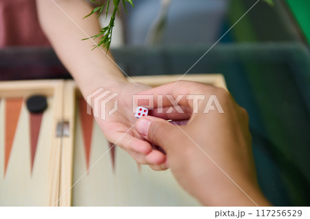 Close-up of a dice being handed over during a backgammon game Close-up of a dice being handed over during a backgammon game 117256529