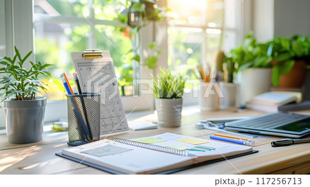 ワークスペースに置かれた文房具 ワークスペースに置かれた文房具 117256713