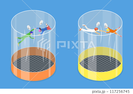 3D Isometric Flat Vector Illustration of Skydivers, Training in Indoor Wind Tunnel for Free Fall Simulation 117256745