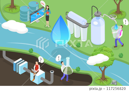 3D Isometric Flat Vector Illustration of Water Purification Systems, Sewage Treatment Processes 117256820