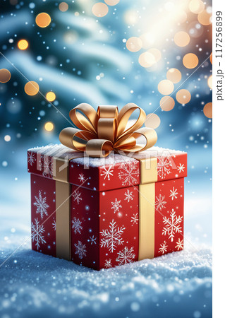 Red gift box with gold ribbon and snowflake design. 117256899