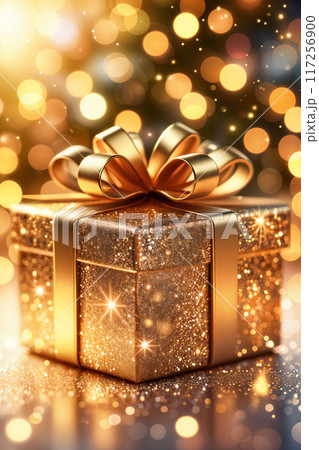 Golden gift box with a bow on top. 117256900