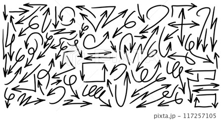 Set of Hand drawn vector arrows doodle on white background. design element vector illustration. Set of Hand drawn vector arrows doodle on white background. design element vector illustration. 117257105