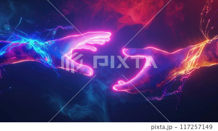 3D render of two hands, outlines glowing with neon light. 3D render of two hands, outlines glowing with neon light. 117257149
