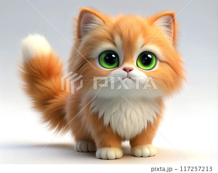 3d cat character persian red cat. Cute and young kitten standing with his tail fluffed 117257213