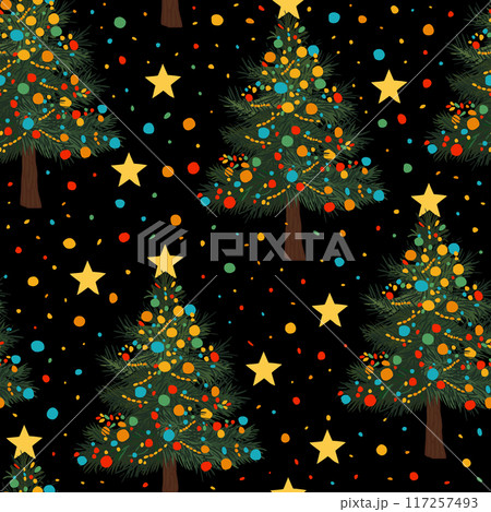 Vector seamless Christmas pattern. Christmas trees, stars and christmas toys on black background 117257493