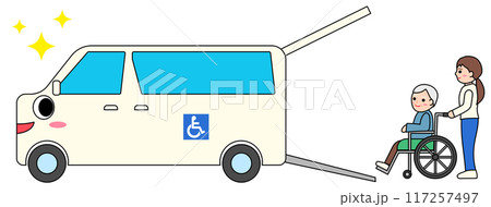 福祉車両と車椅子を押す介護スタッフのイラスト 117257497