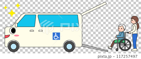 福利車和推著輪椅的護理人員的插圖 福利車和推著輪椅的護理人員的插圖 117257497