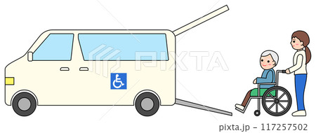 福祉車両と車椅子を押す介護スタッフのイラスト 117257502