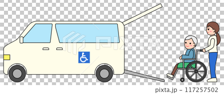 福祉車両と車椅子を押す介護スタッフのイラスト 117257502