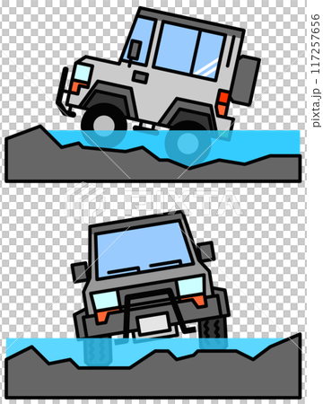 四輪驅動車輛在崎嶇不平的道路上行駛的插圖 117257656