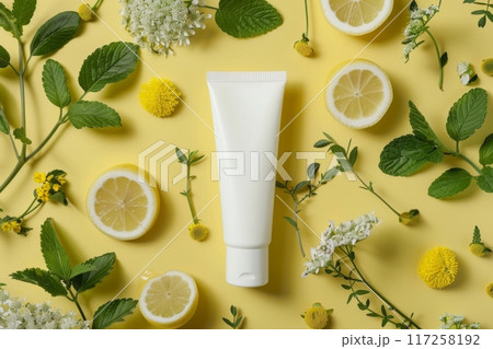 Natural Cream Tube Mockup, Lemon Balm Background, Dreamy Textures, AI Created 117258192