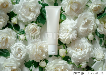 A designer mock-up featuring a tube of natural cream against a backdrop of white roses, styled with dreamy, dissolving. AI Created. A designer mock-up featuring a tube of natural cream against a backdrop of white roses, styled with dreamy, dissolving. AI Created. 117258194
