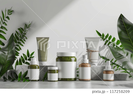 Fresh Organic Cosmetics Mockup Among Greenery. AI Generated 117258209