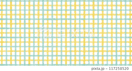 クレヨンで描く、どこか落ち着く雰囲気のイエローとブルーグリーンのチェック模様 117258520