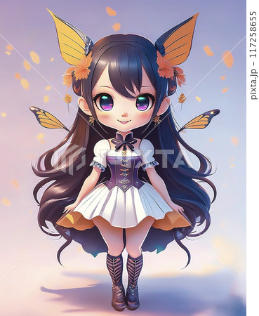 ちびキャラ　妖精の衣装を着た少女のイメージ素材 117258655