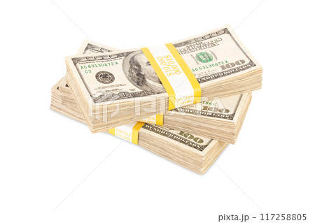 Ten Thousand Dollar Stacks of One Hundred Dollar Bills Isolated on White. Ten Thousand Dollar Stacks of One Hundred Dollar Bills Isolated on White. 117258805
