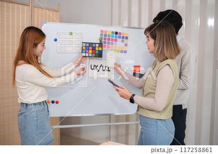 The application development team meets to discuss work plans and plans on the board. Brainstorm ideas for making ux ui to develop programs The application development team meets to discuss work plans and plans on the board. Brainstorm ideas for making ux ui to develop programs 117258861