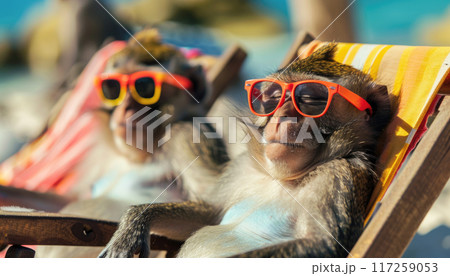 Two monkeys wearing sunglasses are sitting on a beach chair by AI generated image 117259053