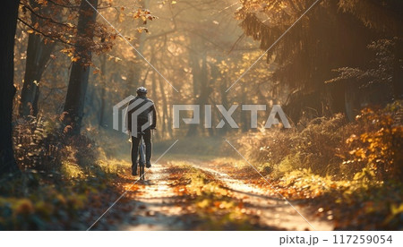 A man is riding a bicycle down a path in the woods by AI generated image 117259054